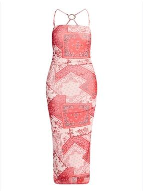 No Boundaries Red Pink Patchwork Bandana Halter Backless Maxi Dress Boho NWT